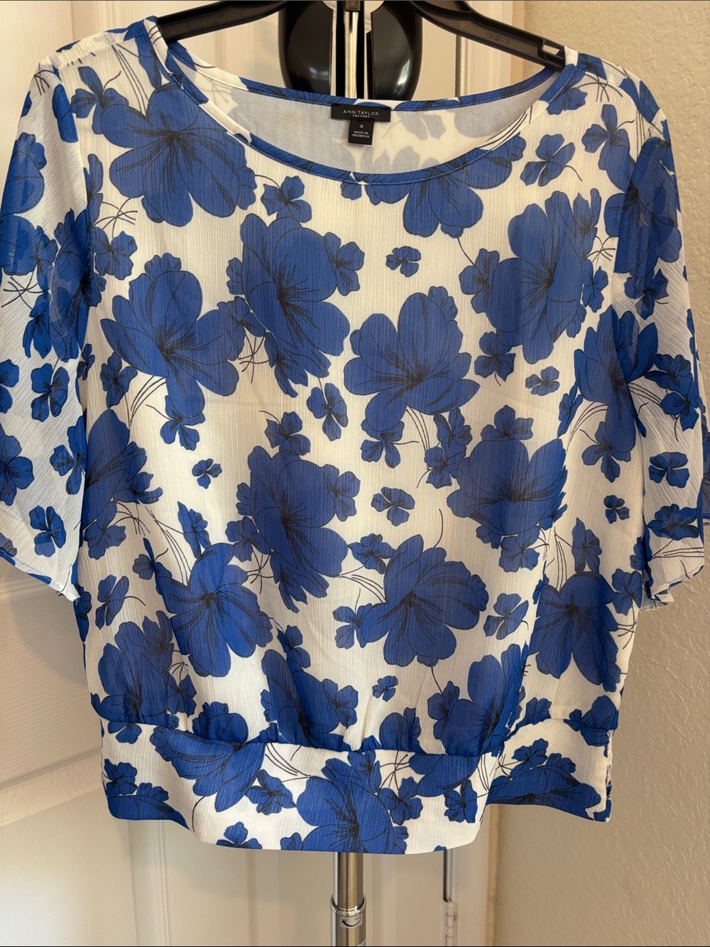 Ann Taylor Factory White Blouse with Bold Cobalt Blue Floral Print
